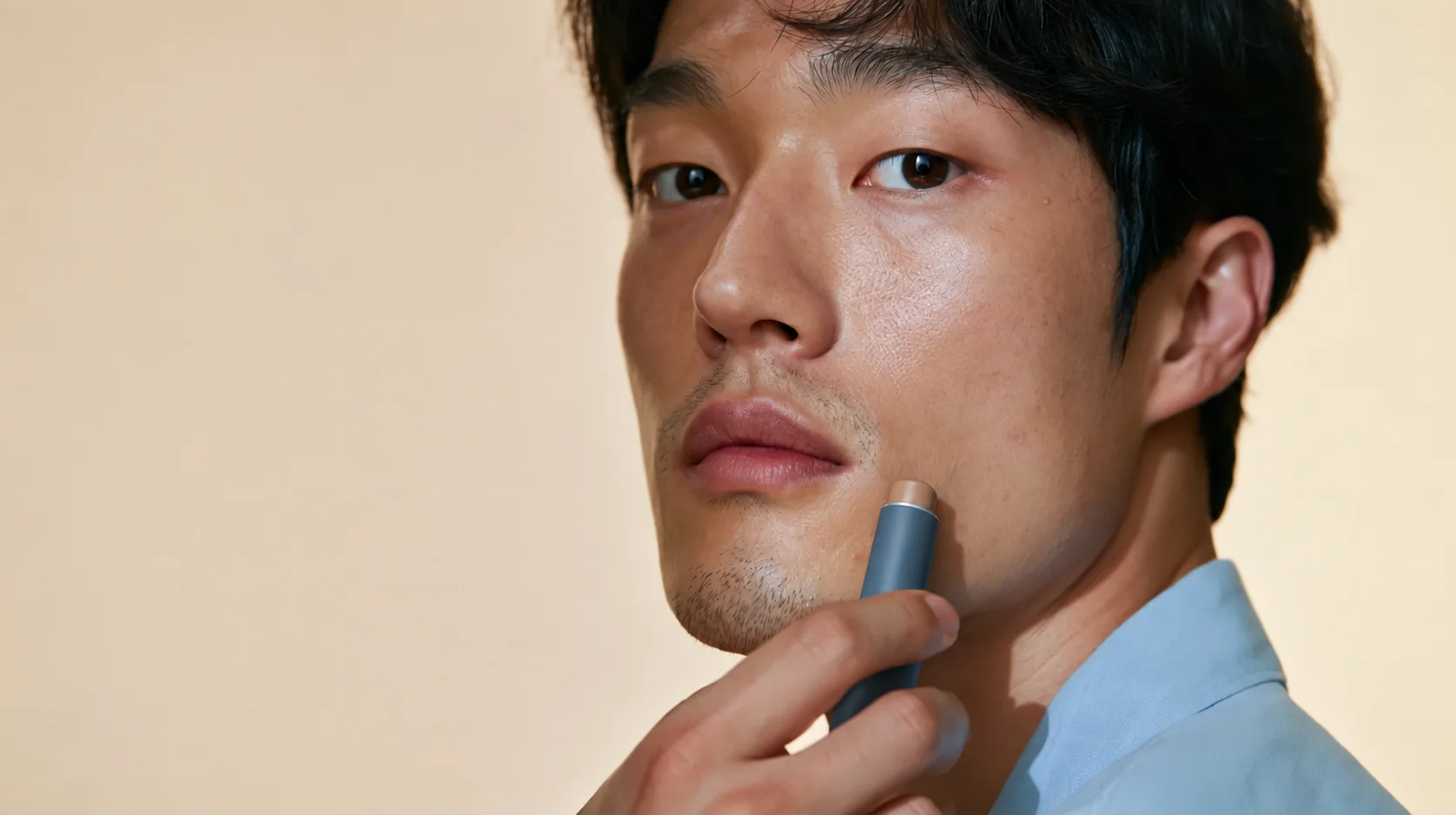 남성이 온닷 스틱을 볼에 사용하는 모습